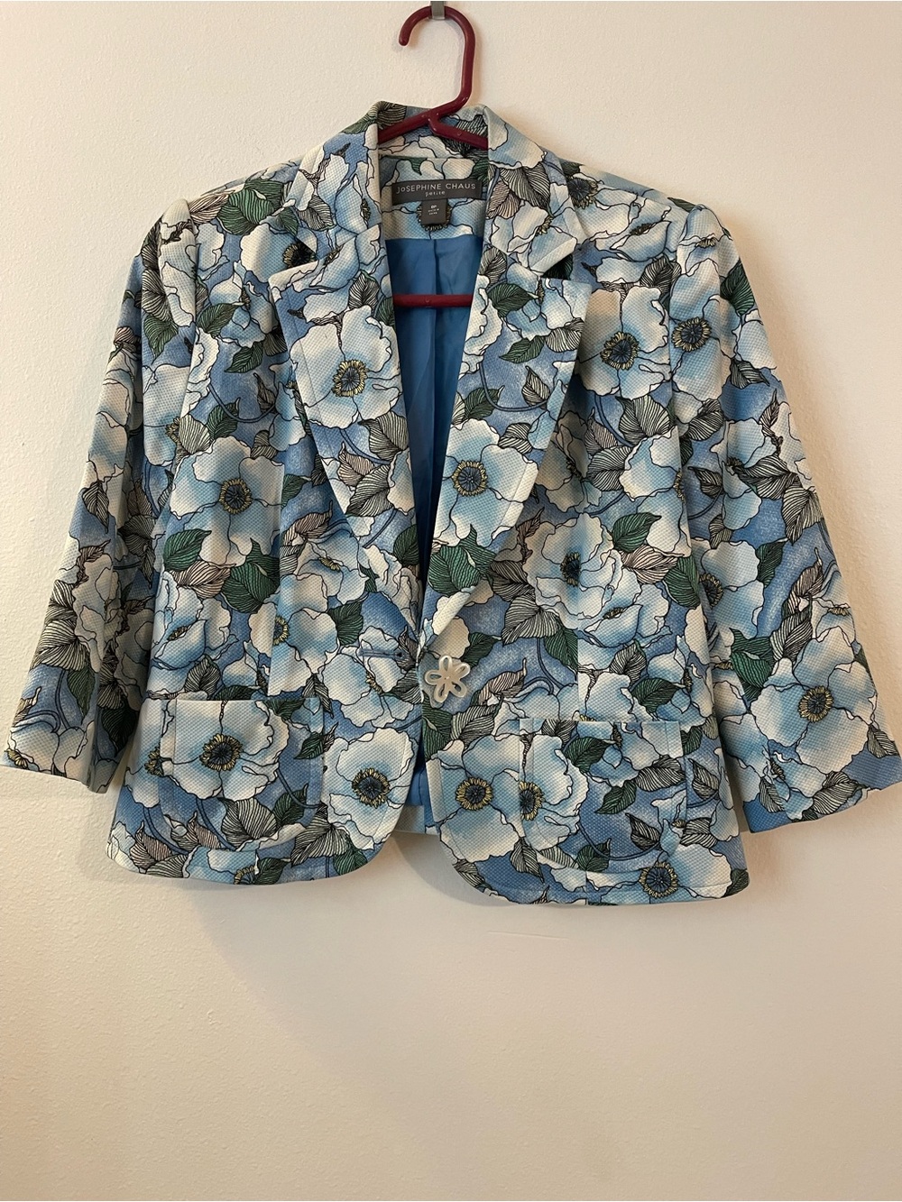 Josephine Chaus Blue Floral Cropped Blazer with Green Leaves